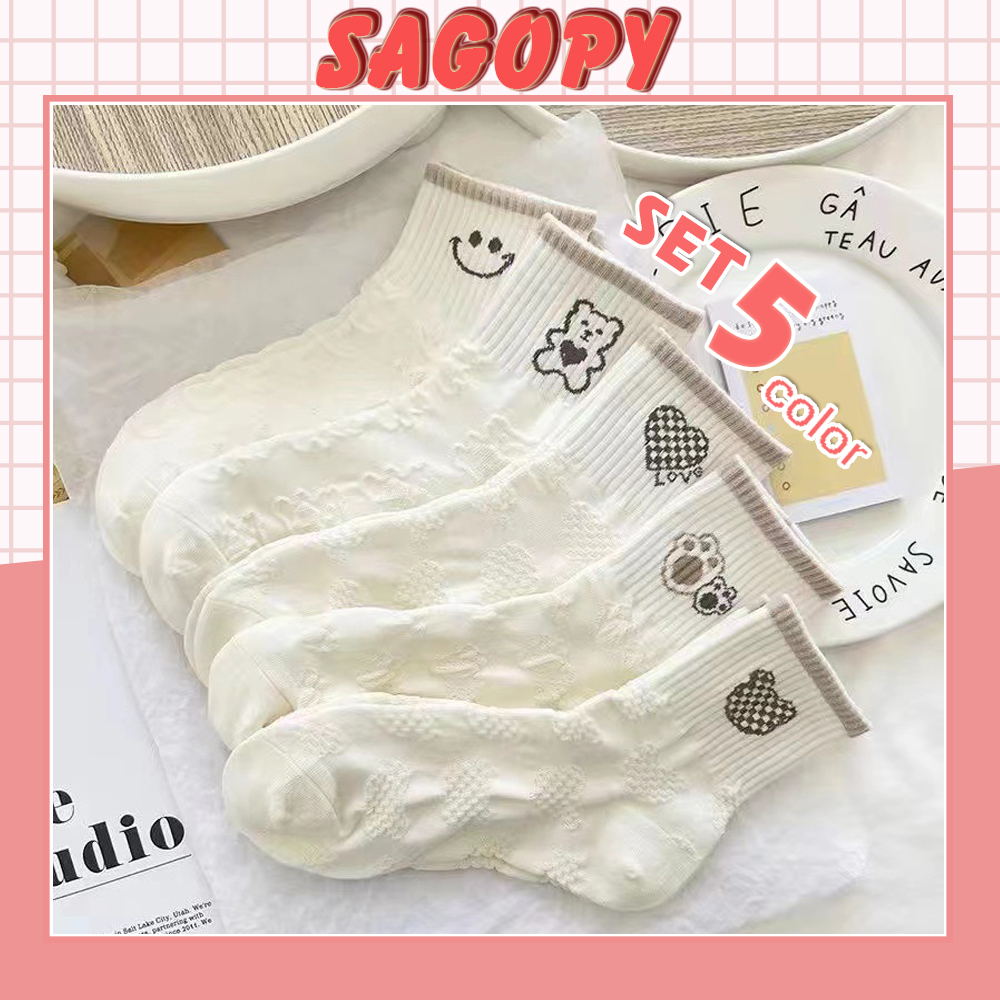 Tất nữ nam cổ cao cute phong cách Gấu trắng gân, vớ nam nữ cao cổ dài Vintage hàn quốc chống hôi châ