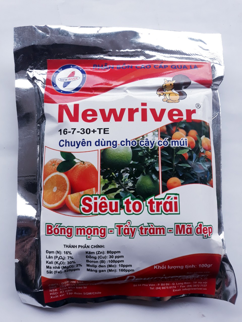 Phân bón lá Newriver 16-7-30+TE (100g) x Combo 3 gói Siêu to trái, bóng mọng, tẩy chàm, mã đẹp, chuyên dùng cho cây có múi