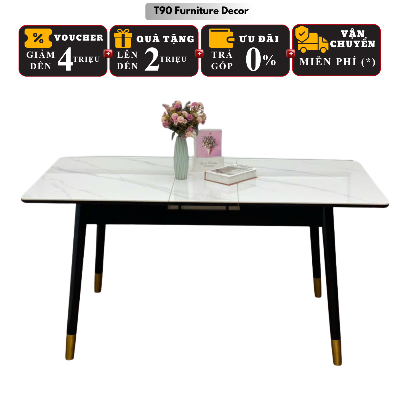 T90 Expandable Tapered Leg Dining Table, Ceramic Stone Top, Iron Legs with Induction Cooker, Imported Goods, Apartment. Tc55