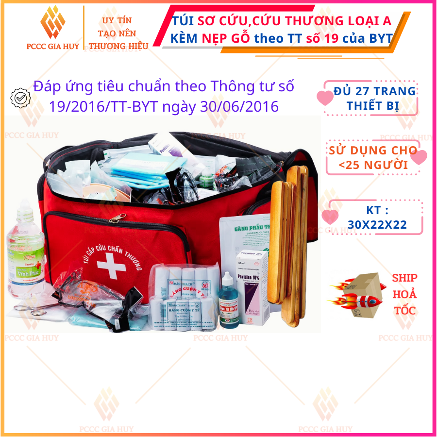 Túi Sơ Cứu, Túi Y Tế Loại (A,B,C) kèm nẹp gỗ - Đầy đủ 27 trang thiết bị theo TT số 19 của BYT