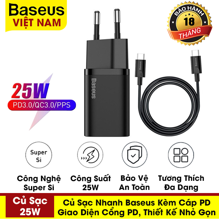 [BẢO HÀNH 12 THÁNG] Củ sạc nhanh Baseus 25W kèm cáp Type-C to Type-C, công nghệ Super Si đầu sạc PD QC3.0 cho iPhone/ Samsung/ Xiaomi/ Tablet,...