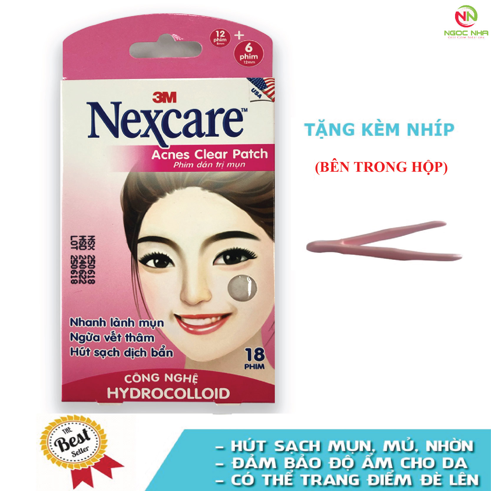 Miếng dán mụn giúp lành mụn ngừa vết thâm Nexcare 3M Acnes Clear Patch, hàng chính hãng - Hộp 18 miếng và 1 cây kẹp gắp
