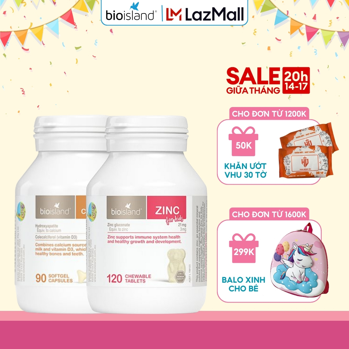 Combo viên uống bổ sung Canxi sữa và Kẽm Bioisland giúp phát triển toàn diện hệ xương và răng của bé