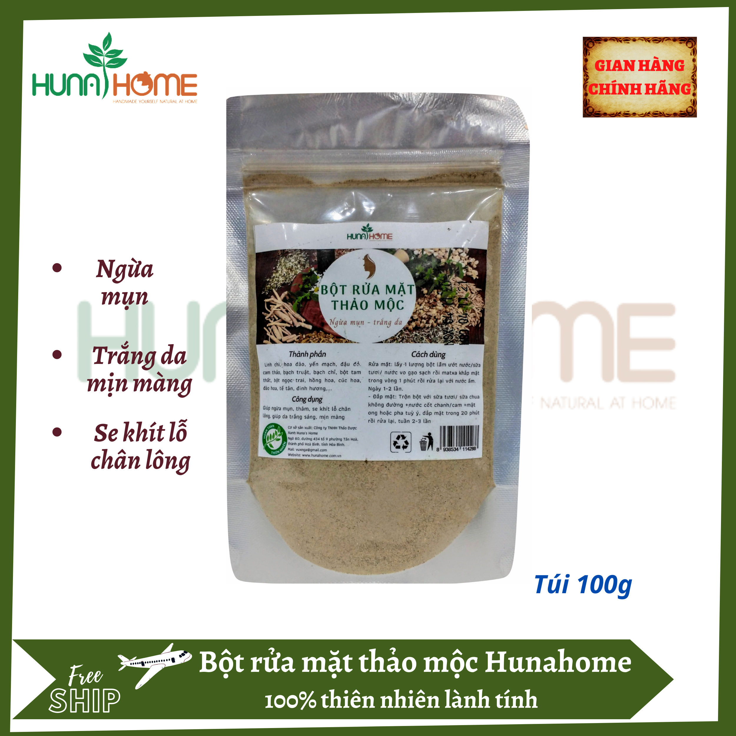 Bột rửa mặt thảo dược Hunahome - ngừa mụn giúp da sáng trắng mịn màng