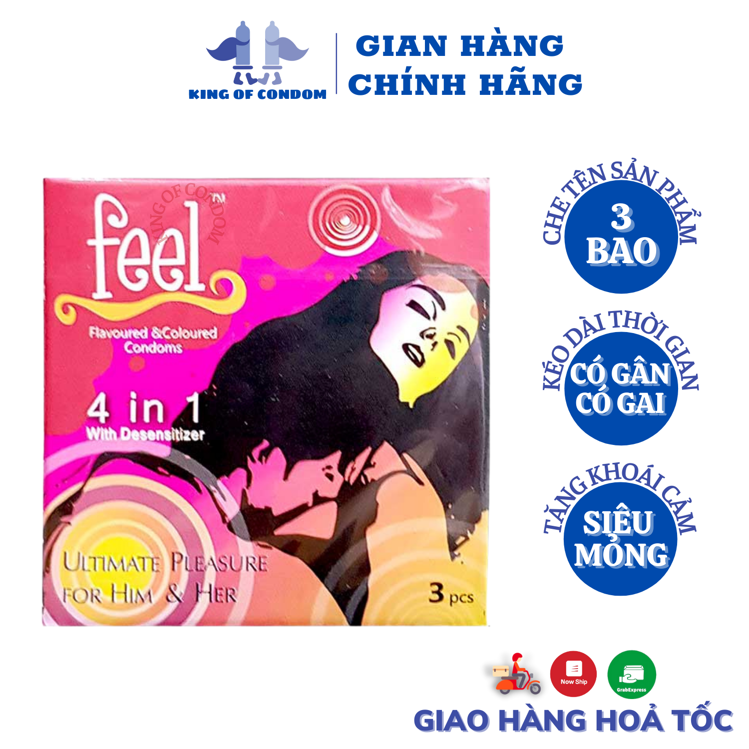 Bao cao su Feel 4 in 1 SIÊU MỎNG có gân gai (HỘP 3C) - King Of Condom