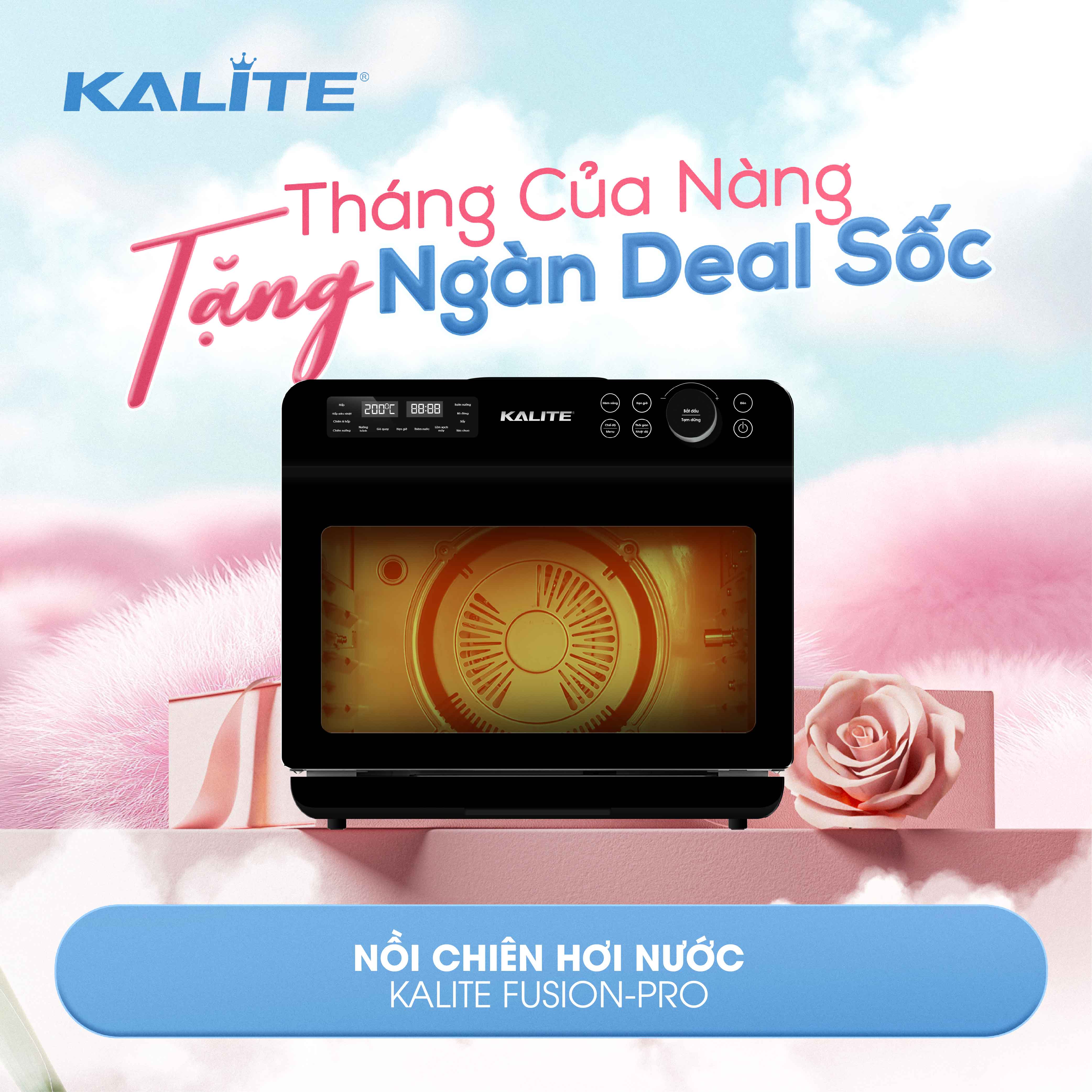 [SP MỚI] Nồi chiên hơi nước Kalite STEAM FUSION PRO ột phá công nghệ 4-in-1: Chiên giòn, hấp mềm, nướng thơm, rã đông nhanh, Dải nhiệt 30 – 250°C, 128 chế độ nấu,dung  20 lít, bảo hành 24 tháng