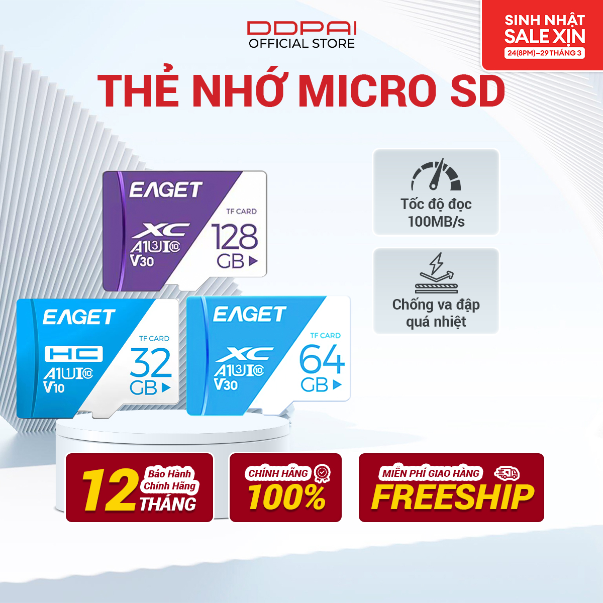 Thẻ nhớ microsd eaget tốc độ cao class 10, 32gb/64gb/128gb, bảo hành ch 36th
