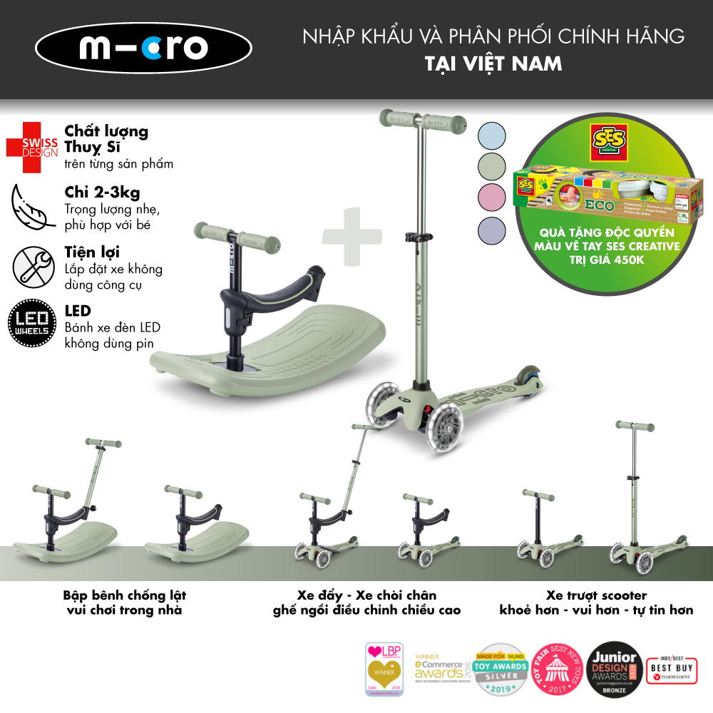 Xe trượt Micro Mini Deluxe Rock & Go LED, đa tính năng 6in1, thương hiệu từ Thuỵ Sĩ - Tặng quà 450k
