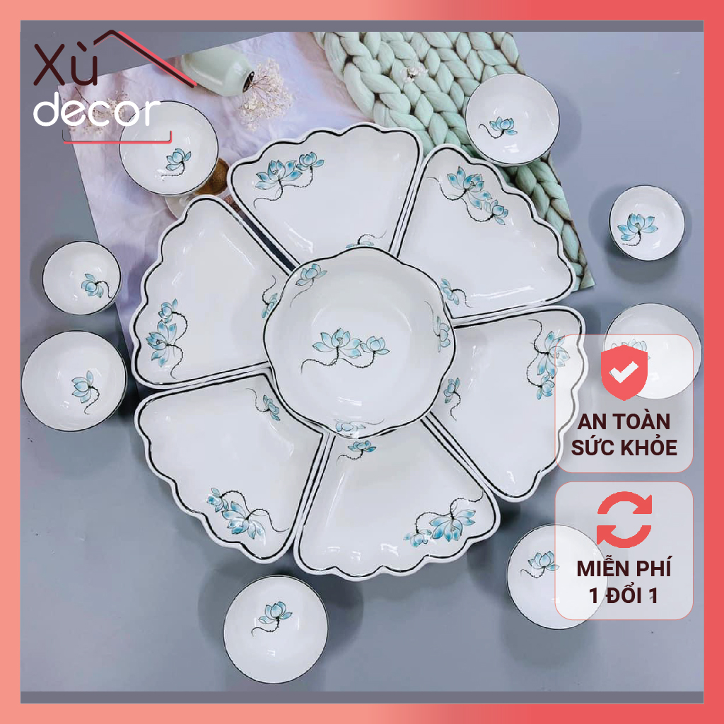 Bộ bát đĩa hoa mặt trời vẽ sen xanh, bộ bát đĩa sứ BÁT TRÀNG cao cấp, men kem cùng họa tiết sen xanh tinh xảo
