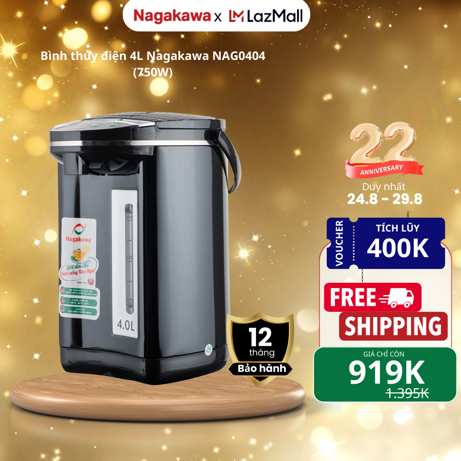 Bình thủy điện Nagakawa NAG0404, dung tích 4 lít, công suất 750W, ruột ấm bằng inox 304 an toàn, đun sôi nhanh, có thang đo mức nước, 3 mức nhiệt giữ nóng, bảo hành 12 tháng