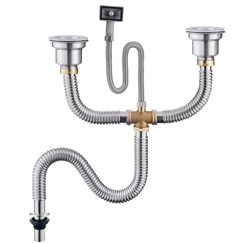 Hệ thống thoát nước nhà bếp đôi -xi phông, ống thoát nước bồn rửa chén inox 110mm