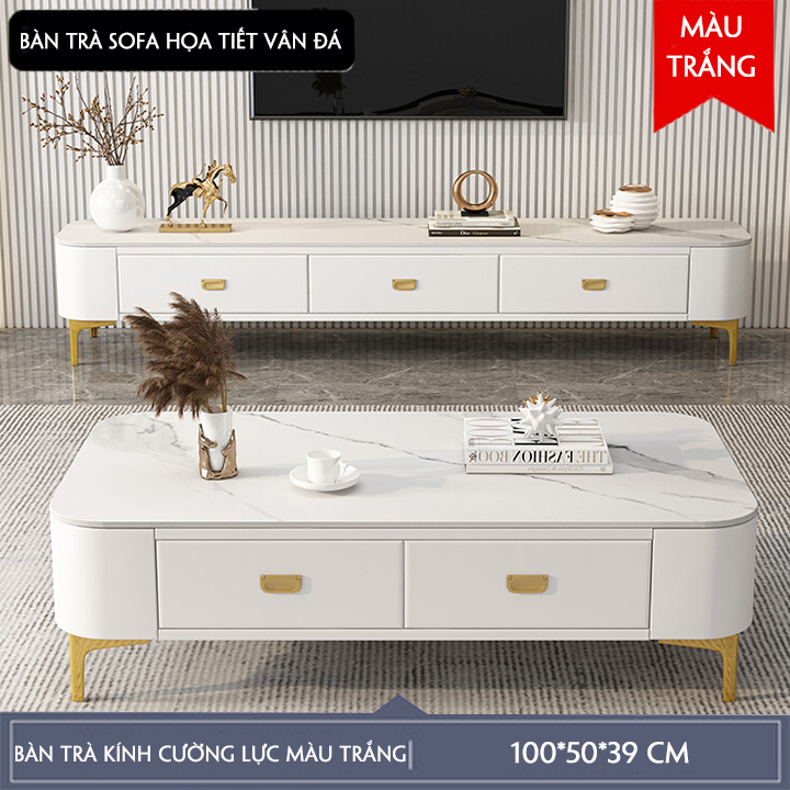 Bàn trà sofa mặt kính cường lực có hộc để đồ, Bàn trà sofa vân đá cẩm thạch, Bàn trà sofa