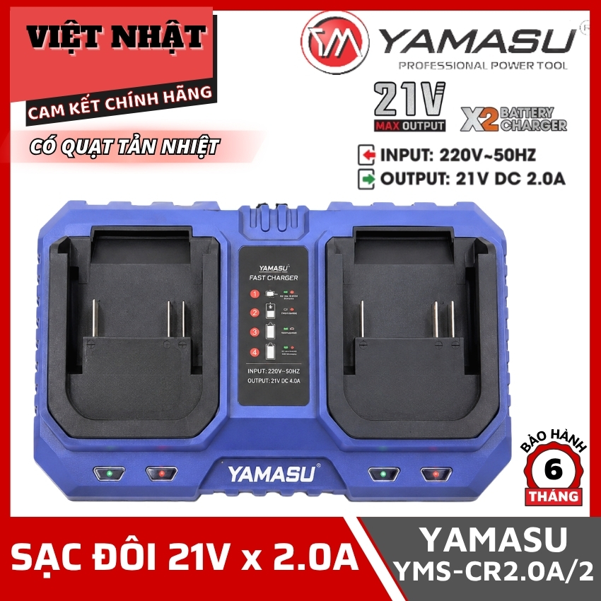 Sạc đôi 21V 2.0A Yamasu YMS-CR2.0A/2 có quạt tản nhiệt, điện áp đầu vào 220-50hz, đầu ra 21V DC 2.0A, bảo hành 6 tháng