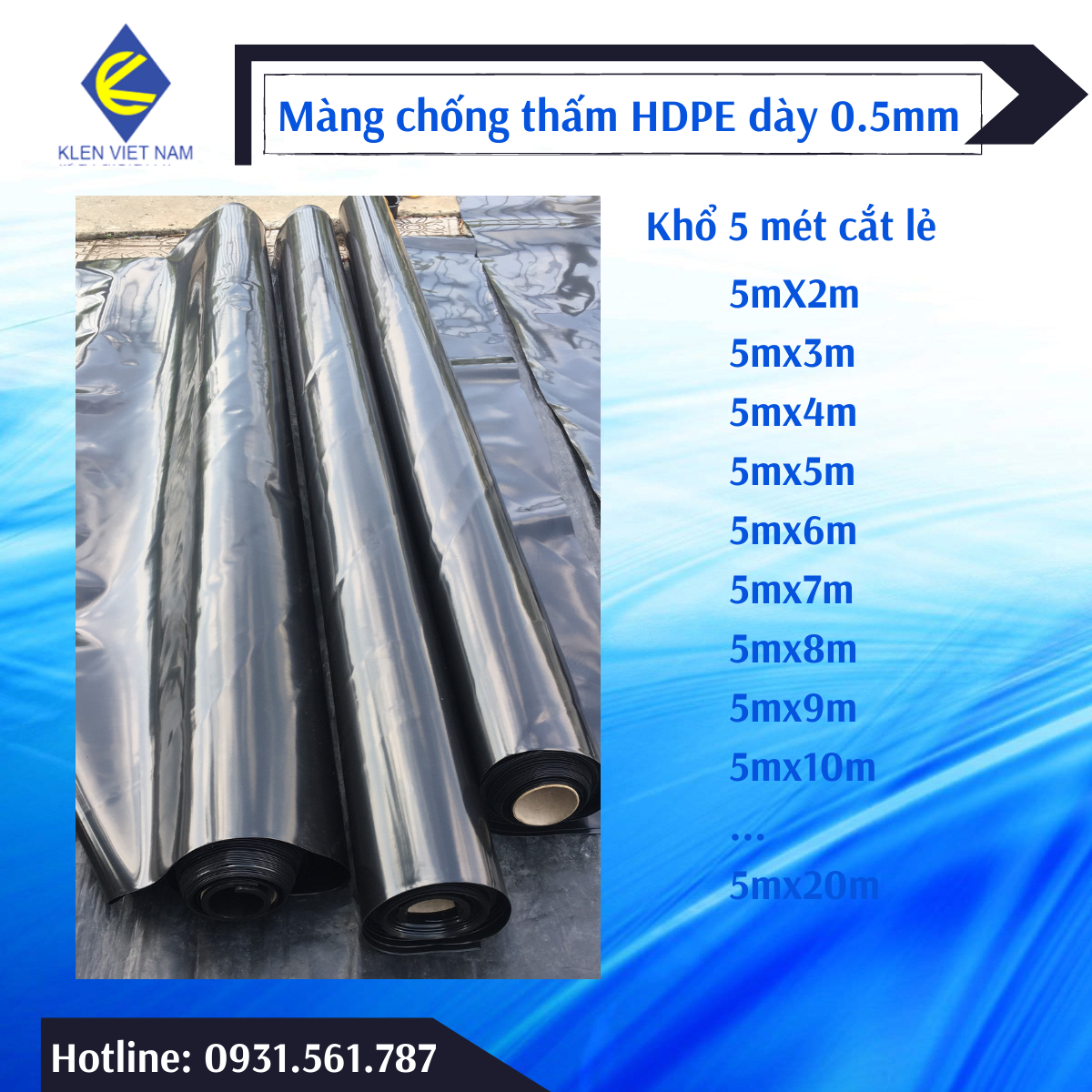 Bạt lót ao hồ, bạt lót hồ cá koi, bạt lót hồ tôm, chất liệu HDPE loại tốt dày 0.5mm, khổ rộng 5 mét, được chọn kích thước phù hợp