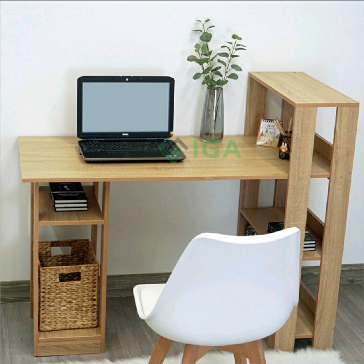 Bàn làm việc, bàn học sinh gỗ mdf lắp ghép kết hợp kệ sách 4 tầng tiện dụng.