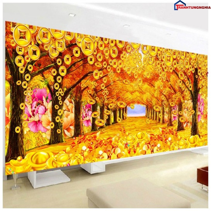 Tranh đính đá, tranh thêu chữ thập rừng cây tiền vàng