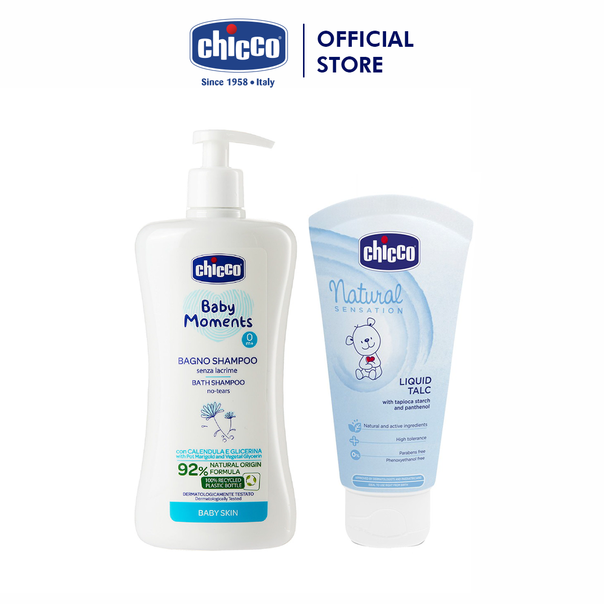 Combo sữa tắm gội chiết xuất hoa cúc 0m+ chicco 500ml + phấn rôm nước chicco 0m+ 100ml