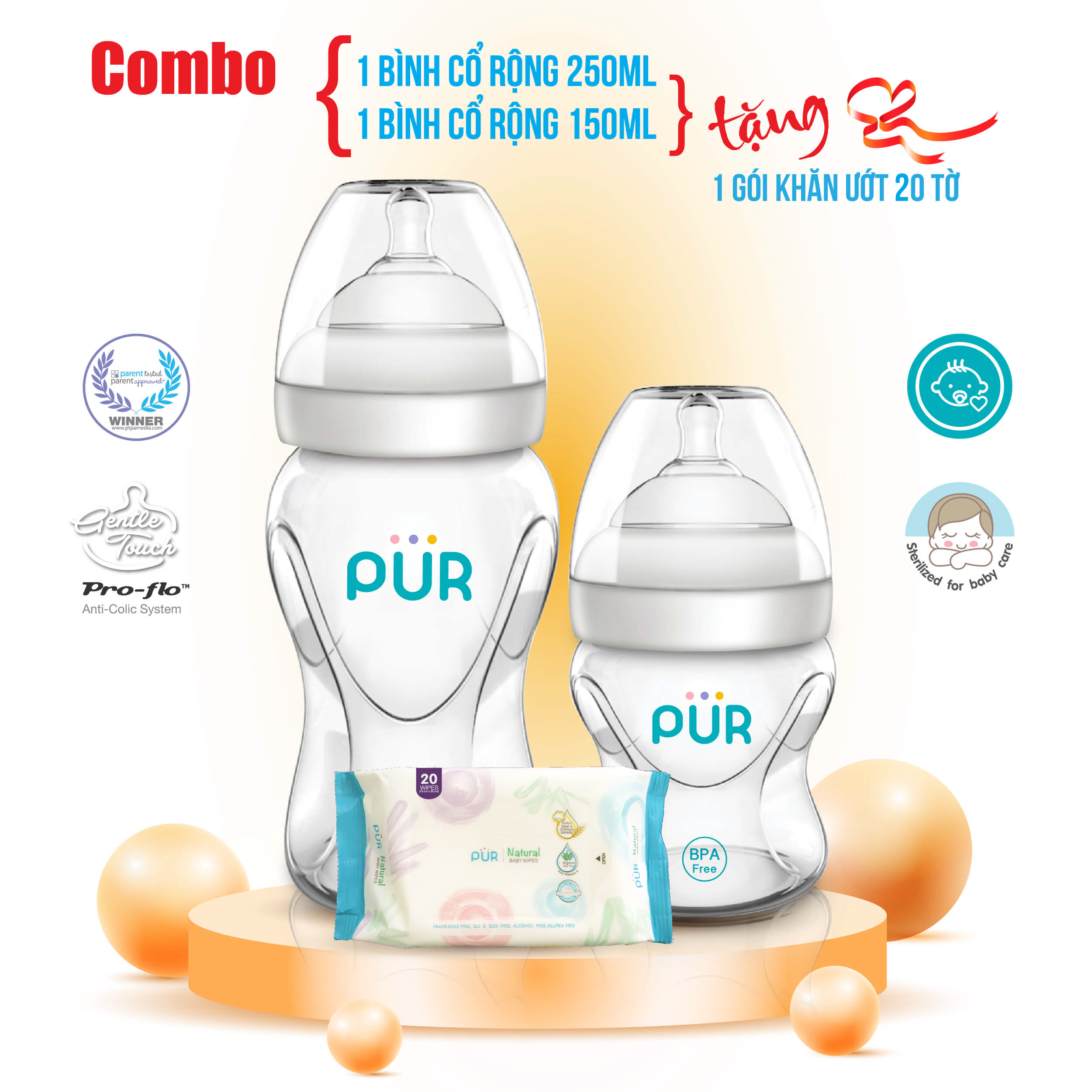 Combo 2 bình sữa pur cổ rộng 150ml, 250ml - tặng gói khăn ướt pur loại 20 tờ