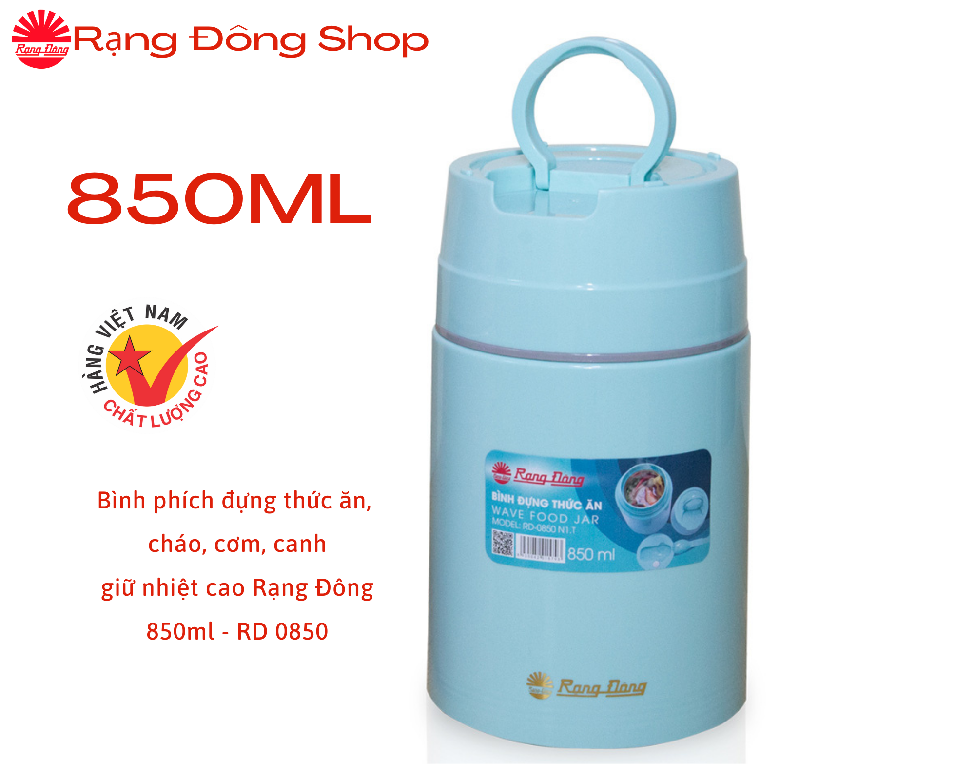 Bình đựng thức ăn nóng lạnh rạng đông 850ml rd 0850 có quai xách
