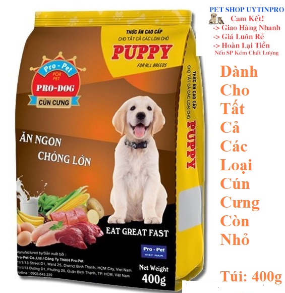 [Hoàn tiền 10%]  THỨC ĂN CHO CHÓ Pro-Dog Puppy Dạng hạt Túi 400g Xuất xứ Pro-Pet Việt Nam - Pet shop Uytinpro