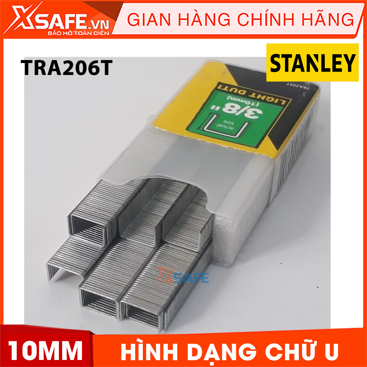 Bấm kim ghim 3/8 inch STANLEY TRA206T 10mm. Bấm kim ghim Stanley làm bằng chất liệu hợp kim thép cứng cáp và không gỉ, có hình dạng chữ U thông dụng, một hộp bao gồm 1000 cái