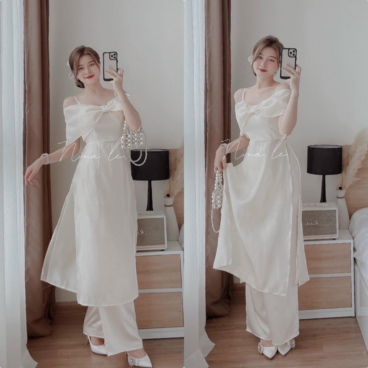 Sét áo dài cách tân hai dây trễ vai kết nơ ngực thiết kế siêu xinh