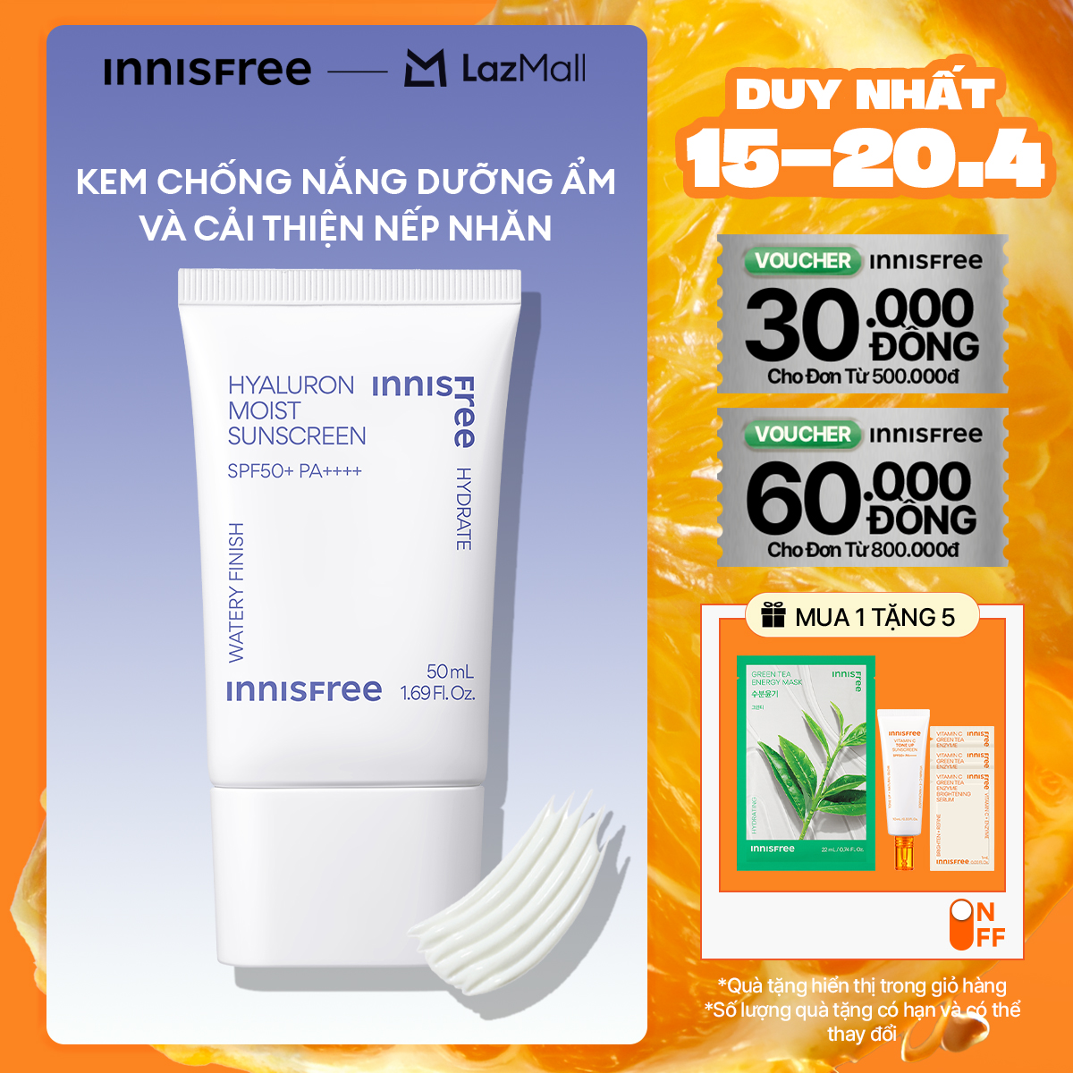 Kem chống nắng dưỡng ẩm INNISFREE Hyaluron Moist Sunscreen SPF50+ PA++++