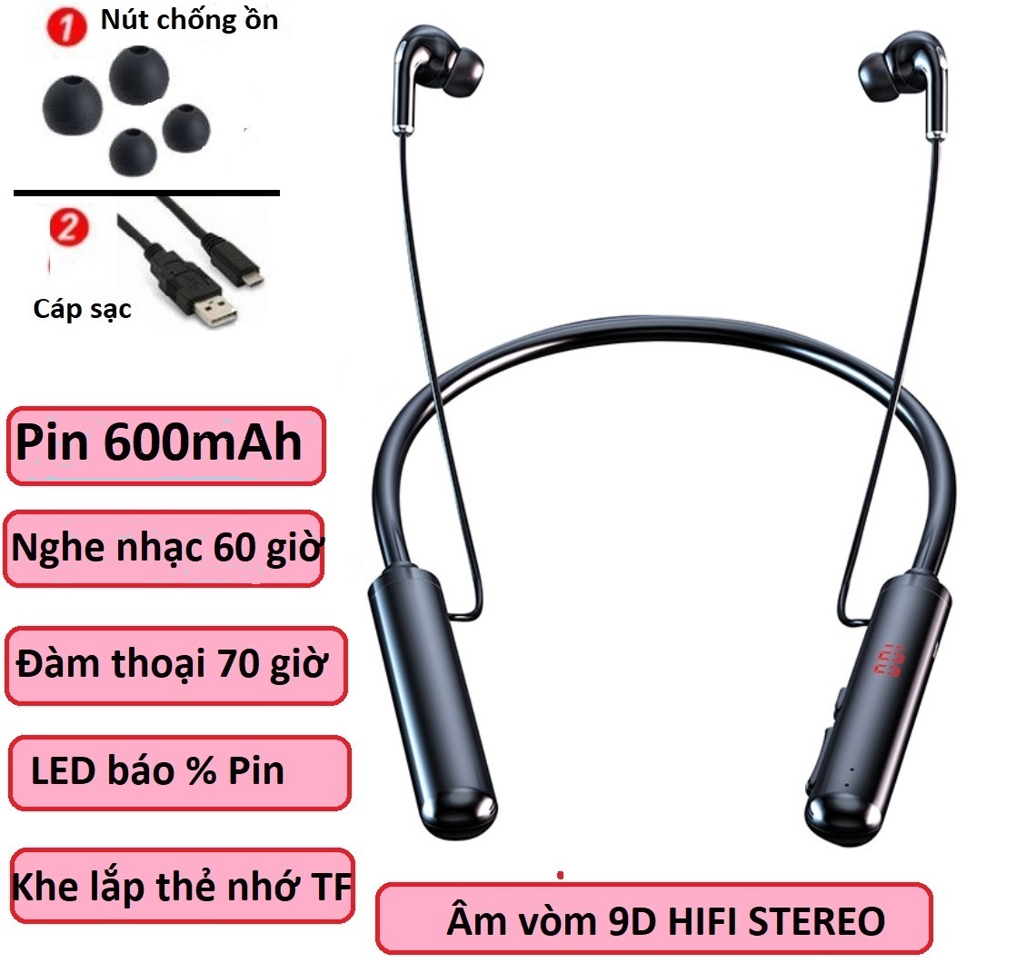 Tai Nghe Bluetooth 5.0 Sports - BT, Pin khủng 600mAh, nghe nhạc và đàm thoại liên tục từ 40 đến 60 giờ, có LED báo % Pin,có khe lắp thẻ nhớ TF.