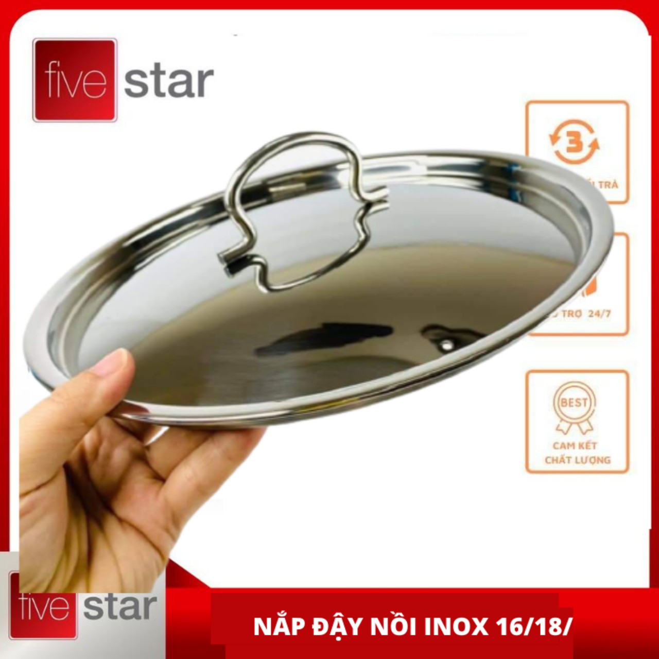 Nắp vung nồi inox FIVESTAR dùng đậy nồi và chảo 16/18/20/24/26/28/30 Cm [ CÓ BẢO HÀNH]