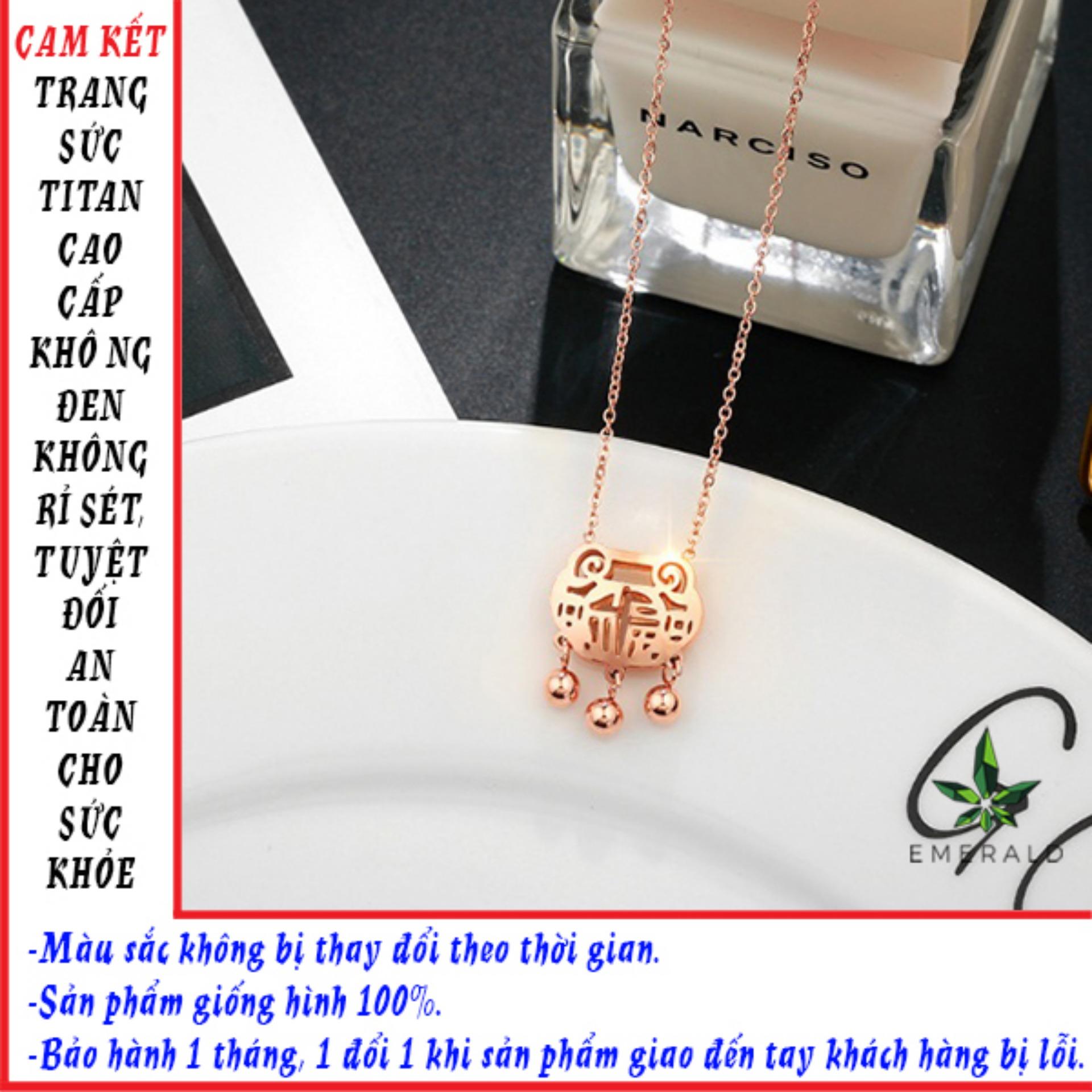 Dây chuyền titan nữ mặt khóa trường thọ - emerald.