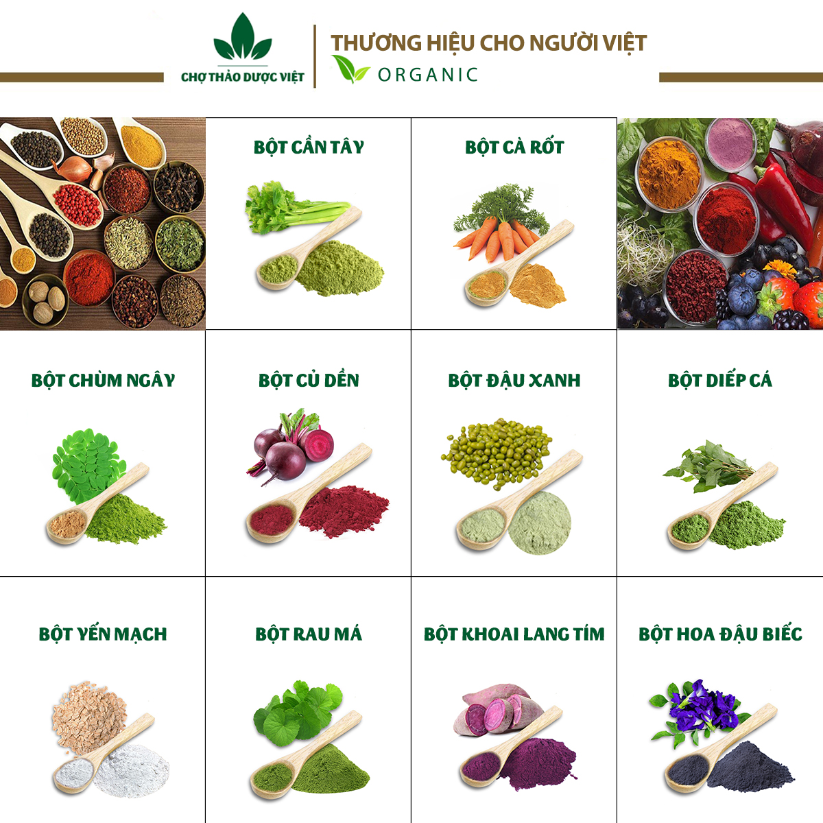 Set 10 loại bột ăn dặm dinh dưỡng hữu cơ (Bột nấu cháo, tạo màu, hương vị cho món ăn)  - Chợ Thảo Dược Việt