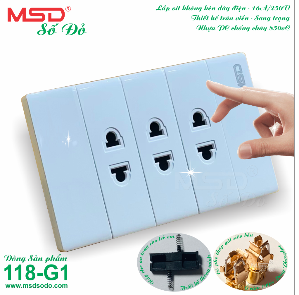 Ổ CẮM ĐIỆN 2 CHẤU -  BỘ 3 HẠT - CÓ MÀN CHE - 15A/250V - SERIAL 118G1