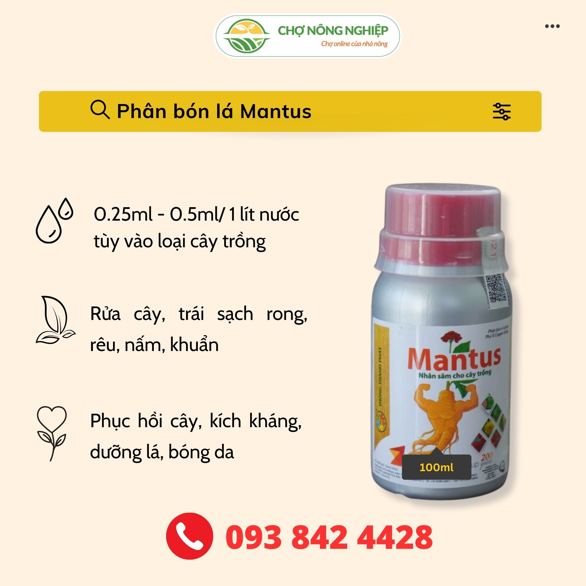 Phân bón lá Mantus Thông Thành Phát 100ml phục hồi cây, kích kháng, sạch rễ, bóng da - Nhân sâm cho cây trồng