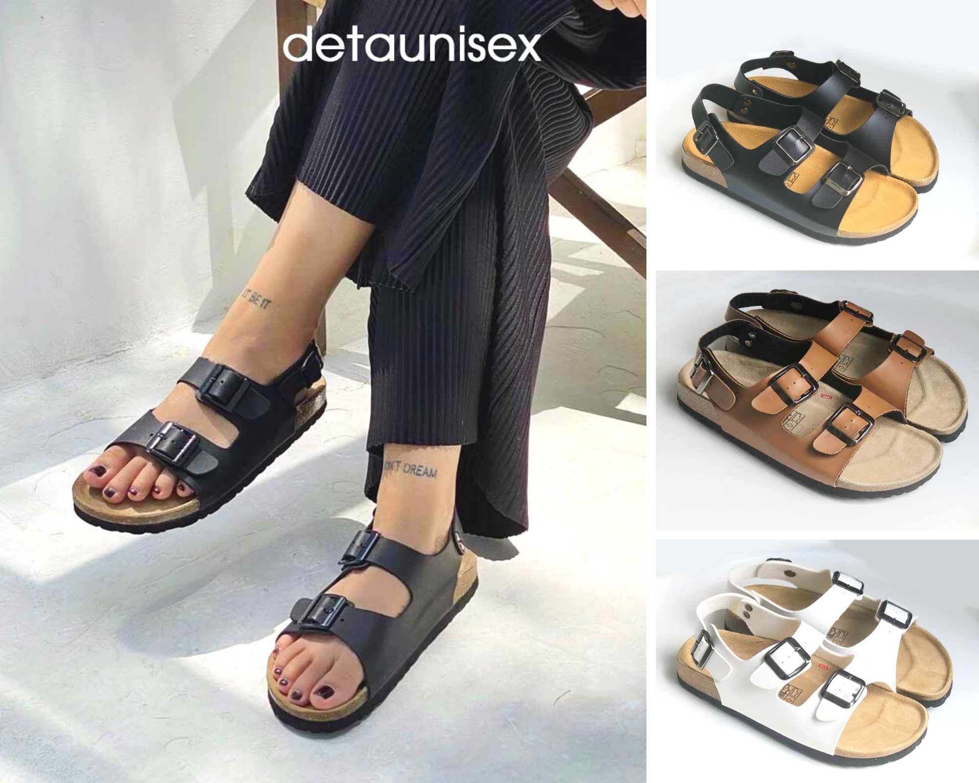 Giày sandal đế trấu nam nữ quai ngang Detaunisex 2 khóa 3 màu Đen Bò Trắng - SATA21