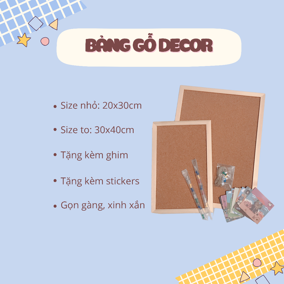 Bảng Gỗ Ghim decor bàn học, bàn làm việc