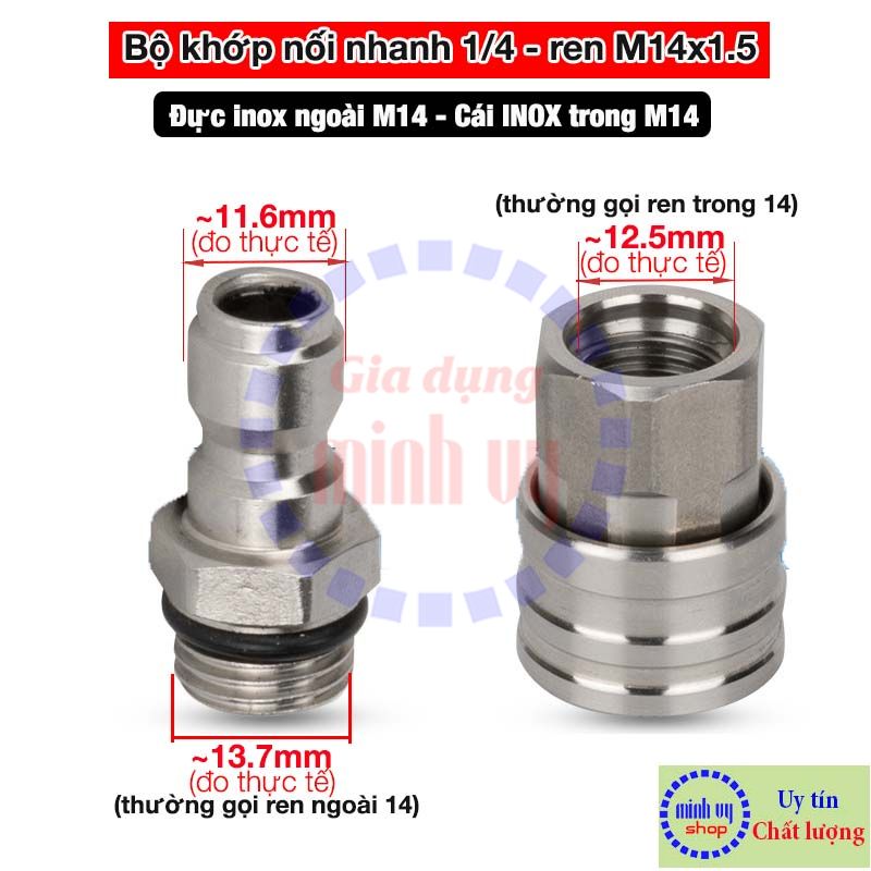 Bộ Khớp Nối Nhanh Ren 14mm Cho Máy Rửa Xe, Thiết Kế Nhỏ Gọn Tiện Dụng, Chất Liệu Thau Tốt, Độ Bền Cao