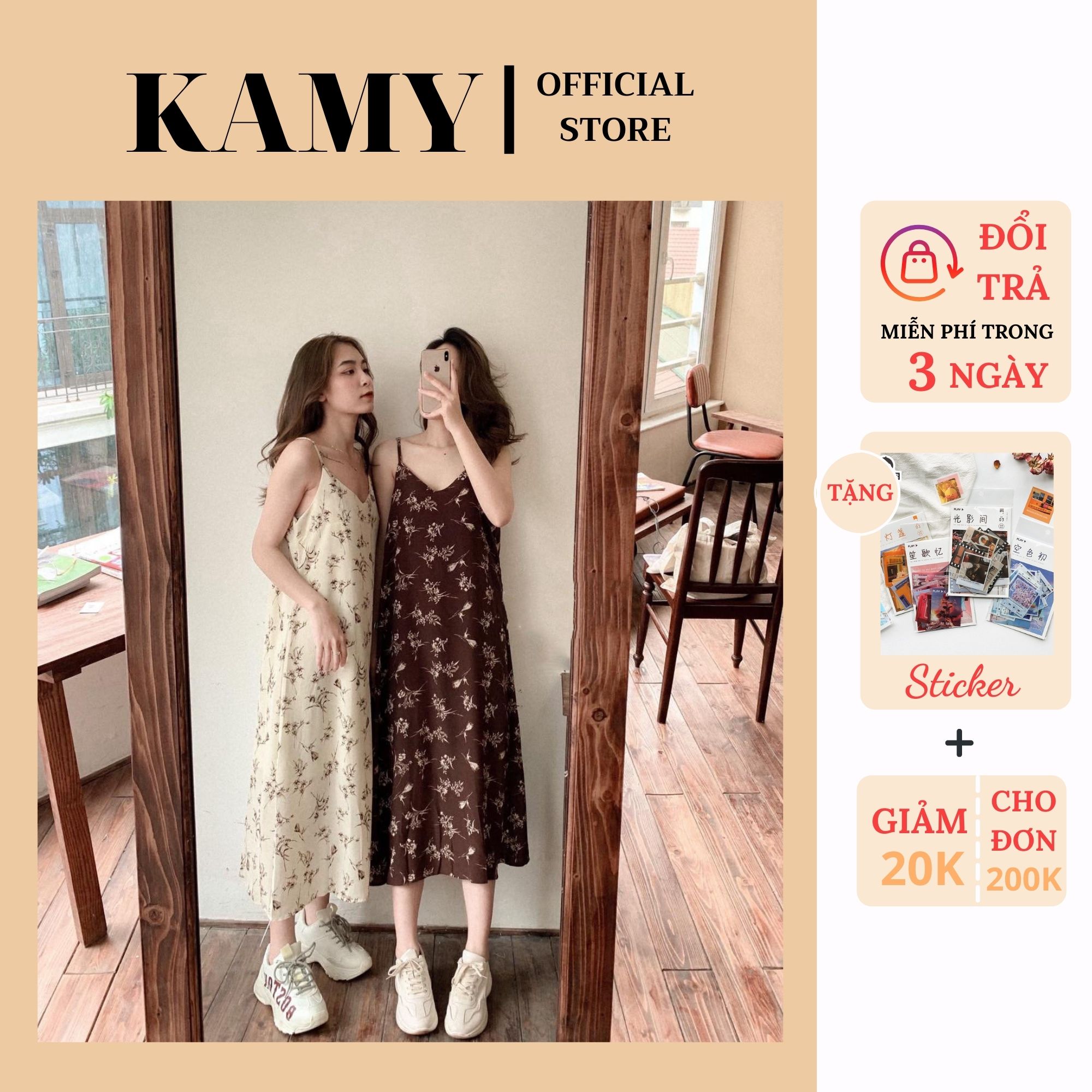 Đầm nữ hai dây hoa nhí dáng suông vintage be nâu, Váy nữ 2 dây cổ V dáng dài vintage freesize Kamy Clothes