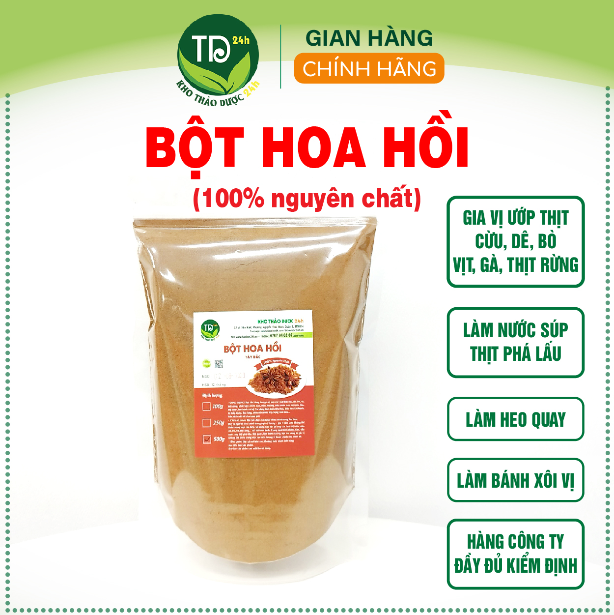 [100 gr] Bột hoa hồi nguyên chất 100%, sạch thơm, gia vị làm nguyên liệu cho nhiều món ăn thơm ngon | Kho thảo dược 24h