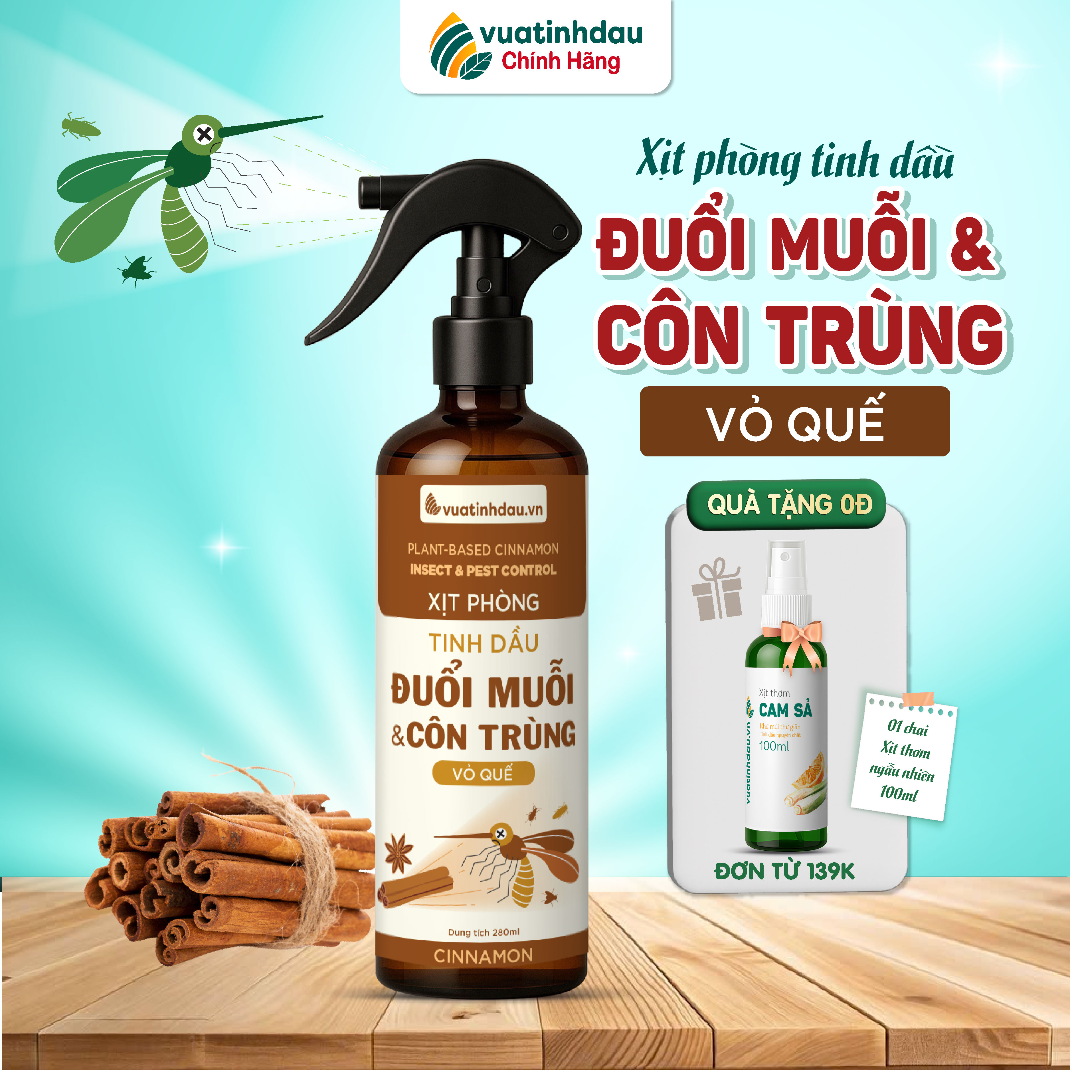 Xịt Phòng Đuổi Muỗi Và Côn Trùng Tinh Dầu Vỏ Quế VUATINHDAU 280ml Đuổi Kiến Ba Khoang,Thơm Phòng Ngủ