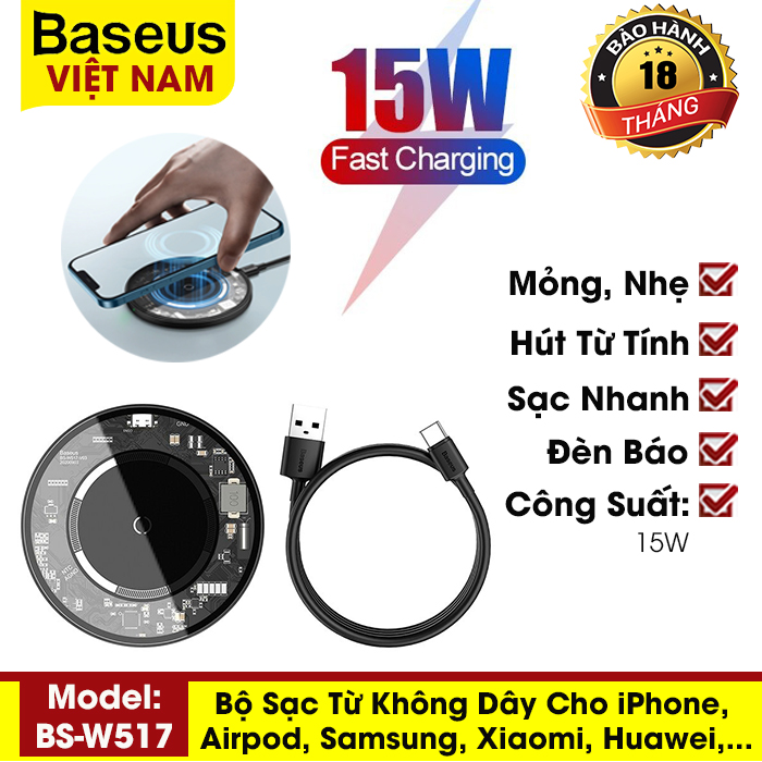 [BẢO HÀNH 18 THÁNG] Bộ sạc từ không dây Baseus 15W cho iPhone 12/11/X/XR/XS Xiaomi Samsung Huawei tai nghe Airpod