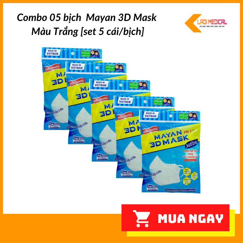 Combo 05 Bịch Khẩu Trang Mayan 3D Mask N95 Màu Trắng (25 cái)