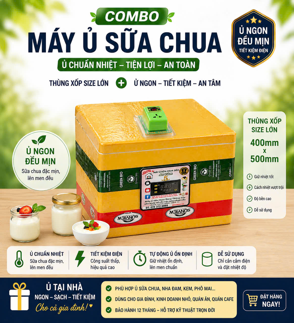 BỘ MÁY Ủ SỮA CHUA + THÙNG XỐP 400mm x500mm + BỘ HẸN GIỜ TẮT KHI Ủ XONG