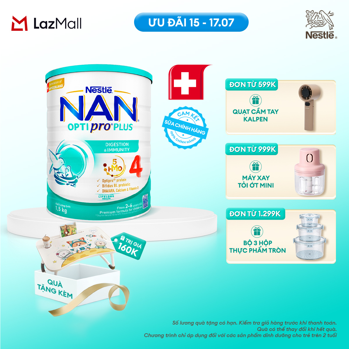 [CHỈ 15-17.07 QT ĐƠN 599K/999K/1299K][Tặng bàn gấp gọn] Sữa bột Nestlé NAN OPTIPRO PLUS 4 1500g/lon với 5HMO Giúp tiêu hóa tốt