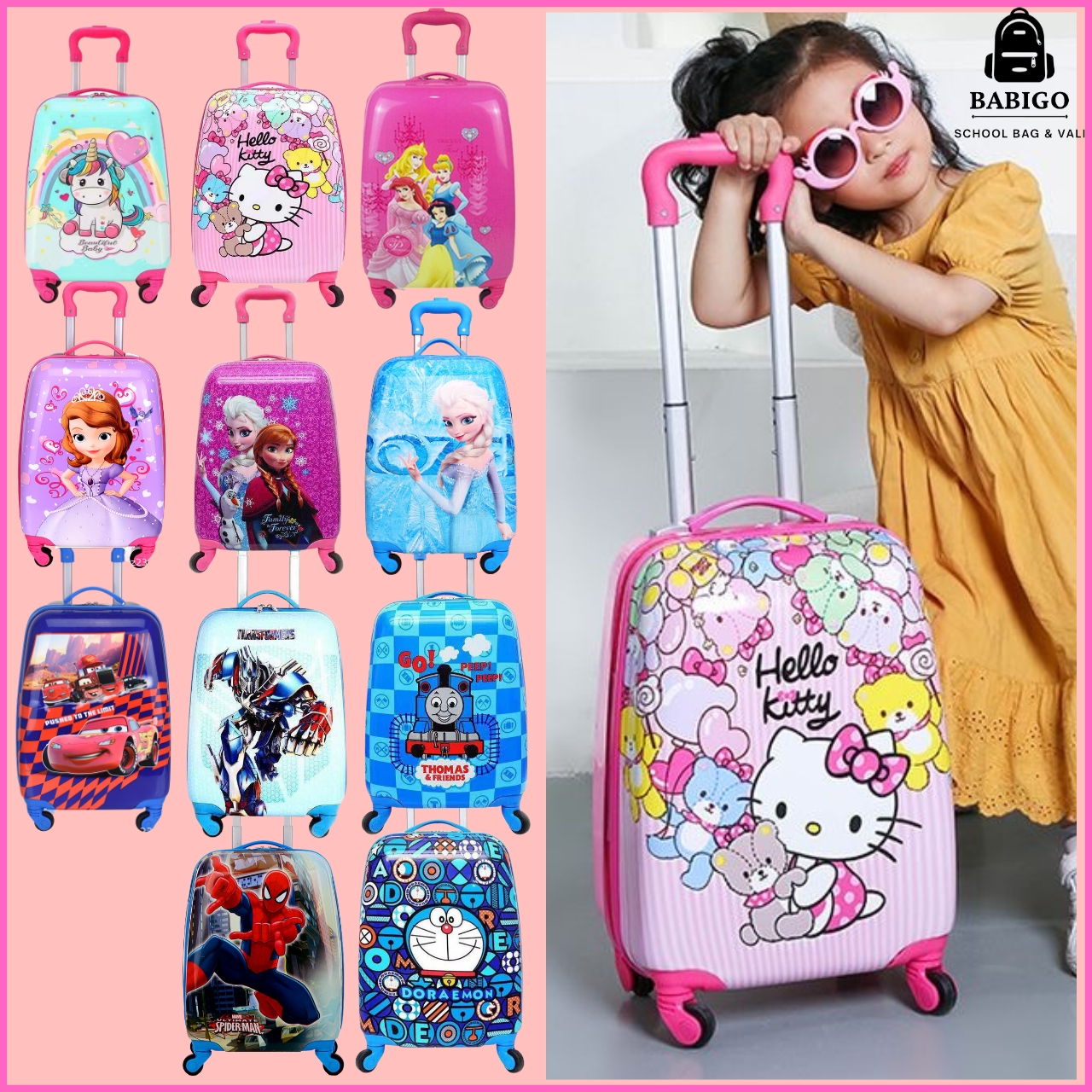 Vali kéo du lịch trẻ em 18 inch CHÍNH HÃNG BABIGO hình kitty siêu nhân người nhện elsa doremon công chúa