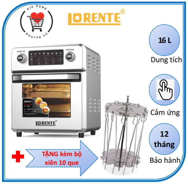 [TẶNG BỘ XIÊN 10 QUE] Nồi Chiên Không Dầu Kiêm Lò Nướng Đa Năng Cao cấp 16 Lít - Lorente LT-1600 - Bếp Chiên Không Khí Air Fryer