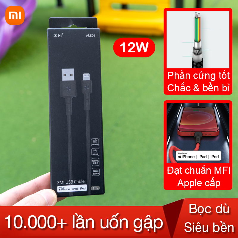 Cáp sạc nhanh 12w xiaomi zmi al803 lightning chuẩn mfi dây sạc bọc dù siêu bền al803 zmi usb-a to lightning