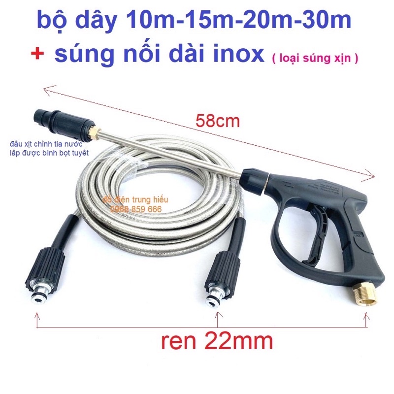Bộ 10m, 15m, 20m dây rửa xe và súng rửa xe áp lực cao kèm ống nối inox dài 35cm