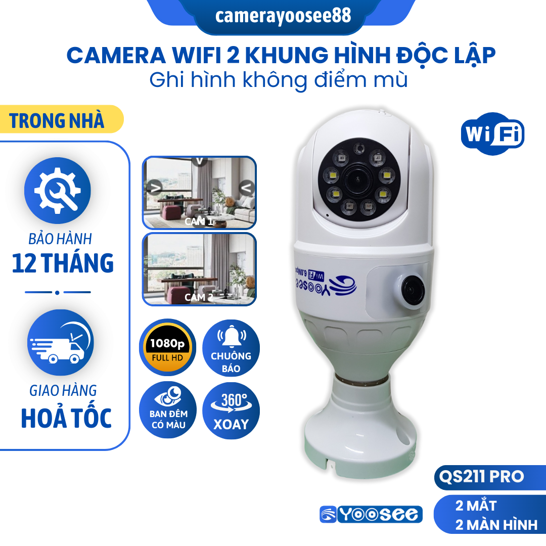 (BẢO HÀNH 12 THÁNG)-CAMERA WIFI YOOSEE Trong Nhà Thiết Kế Kiểu Bóng Đèn, Đàm Thoại 2 Chiều, Hỗ Trợ Ban Đêm Có Màu, Xoay 360 Độ