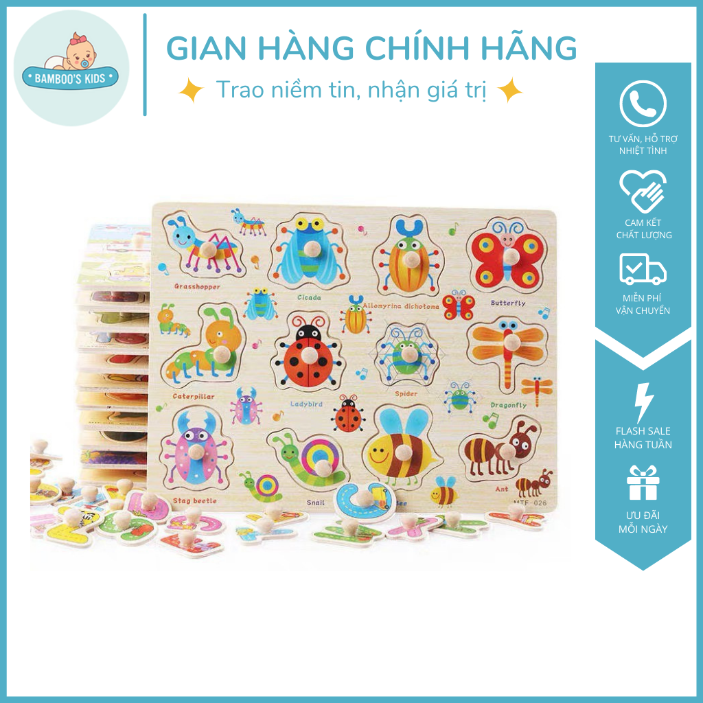 Đồ Chơi Gỗ Thông Minh Cho Bé Có Núm - Chủ đề côn trùng - Chất liệu gỗ cao cấp bóng mịn an toàn - Bảng ghép hình núm gỗ, Bảng gỗ ghép hình có núm, Đồ chơi cho bé, Đồ chơi thông minh