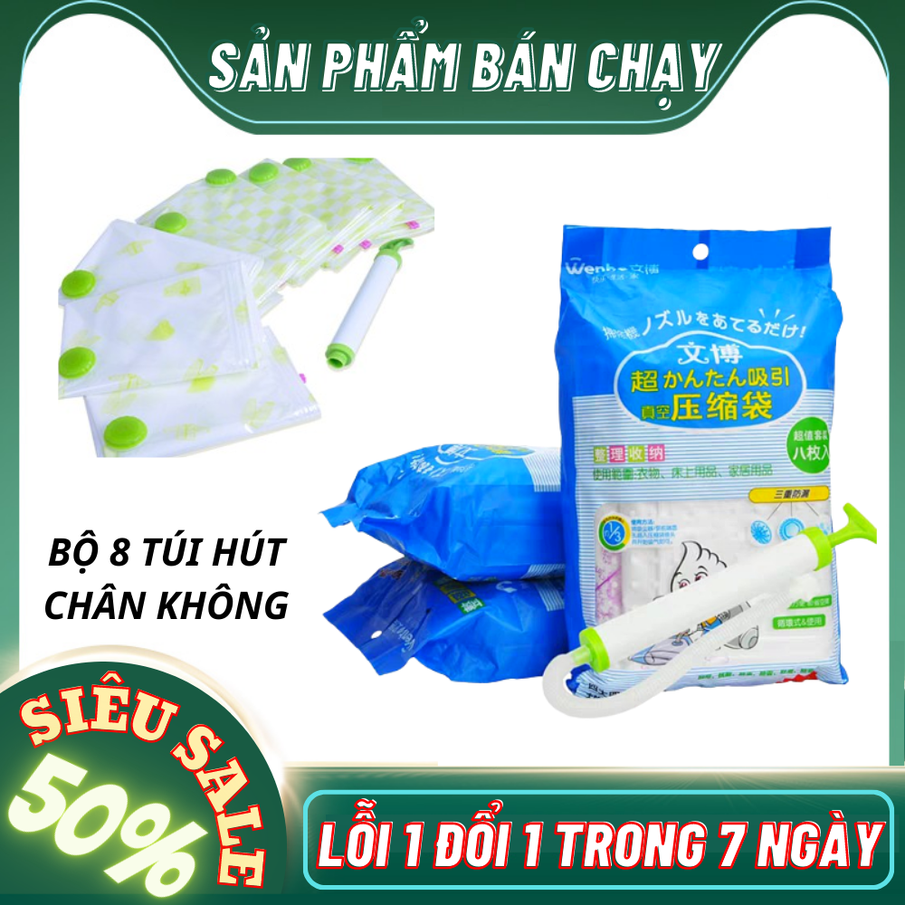 BỘ 8 TÚI HÚT CHÂN KHÔNG DÙNG ĐỂ CẤT QUẦN ÁO CHĂN GA GỐI TẶNG KÈM BƠM